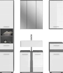 Badezimmer-Set BLAKE Rauchsilber Nachbildung weiß Hochglanz B/H/T: ca. 164x191x34 cm