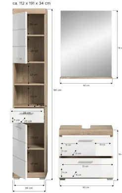 Badezimmer-Set Lambada Eiche Sonoma Nachbildung weiß Hochglanz B/H/T: ca. 112x191x37 cm