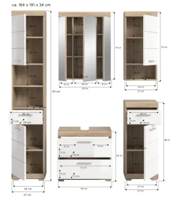 Badezimmer-Set Lambada Eiche Sonoma Nachbildung weiß Hochglanz B/H/T: ca. 164x191x37 cm