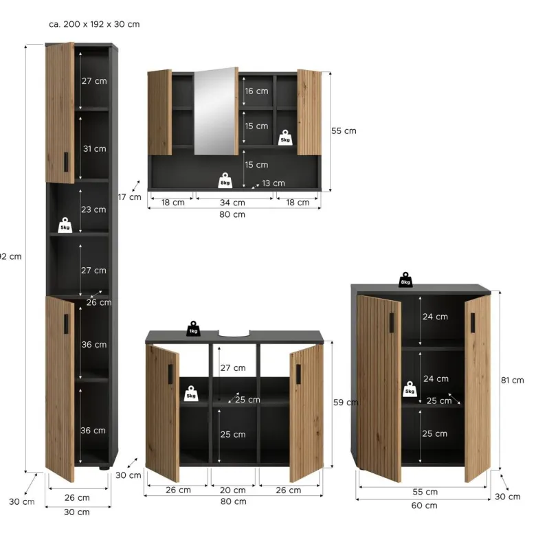 Badezimmer-Set Mone Basalt Nachbildung Artisan Oak Nachbildung B/H/T: ca. 200x192x30 cm