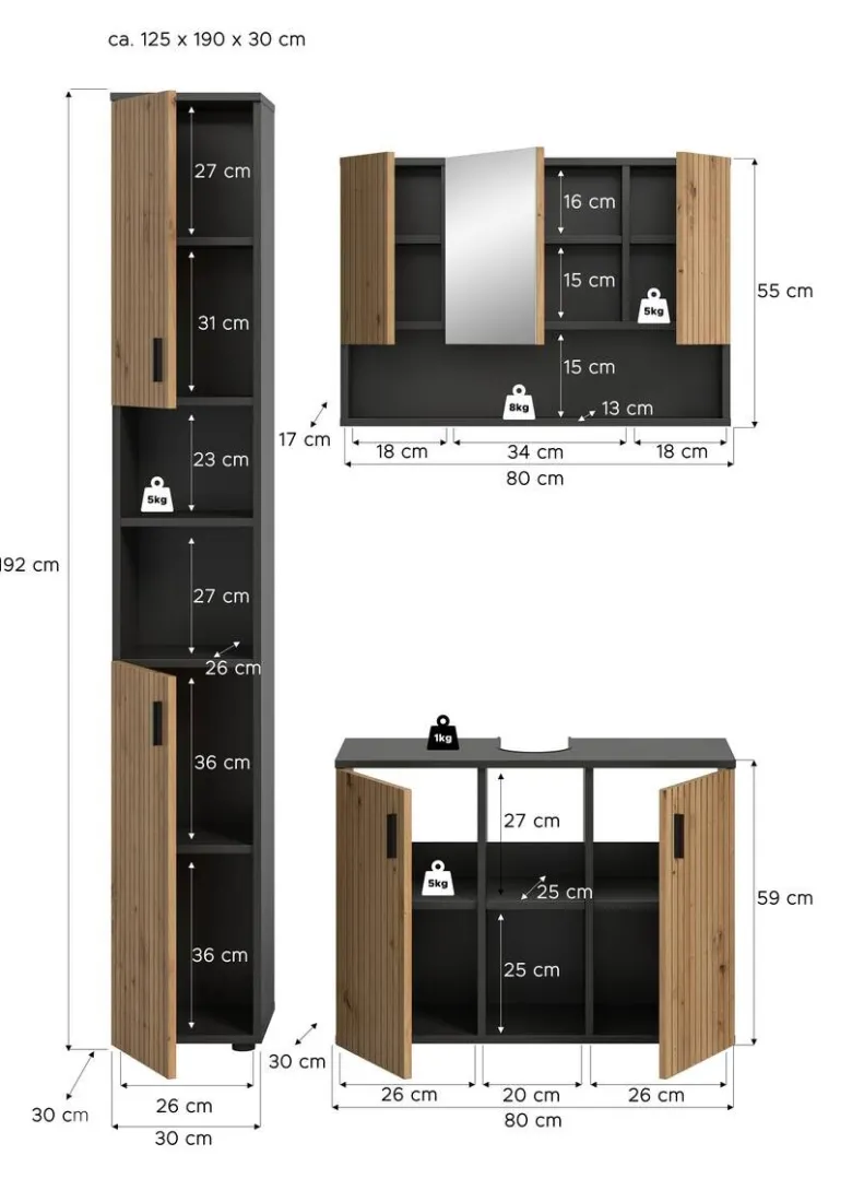 Badezimmer-Set Mone Basalt Nachbildung Artisan Oak Nachbildung B/H/T: ca. 125x192x30 cm