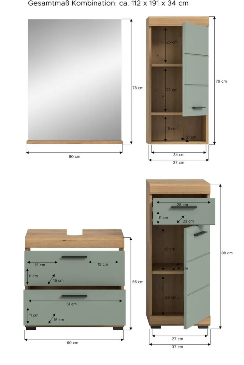 Badezimmer-Set Scout Eiche Artisan Nachbildung salbei Nachbildung B/H/T: ca. 112x191x37 cm