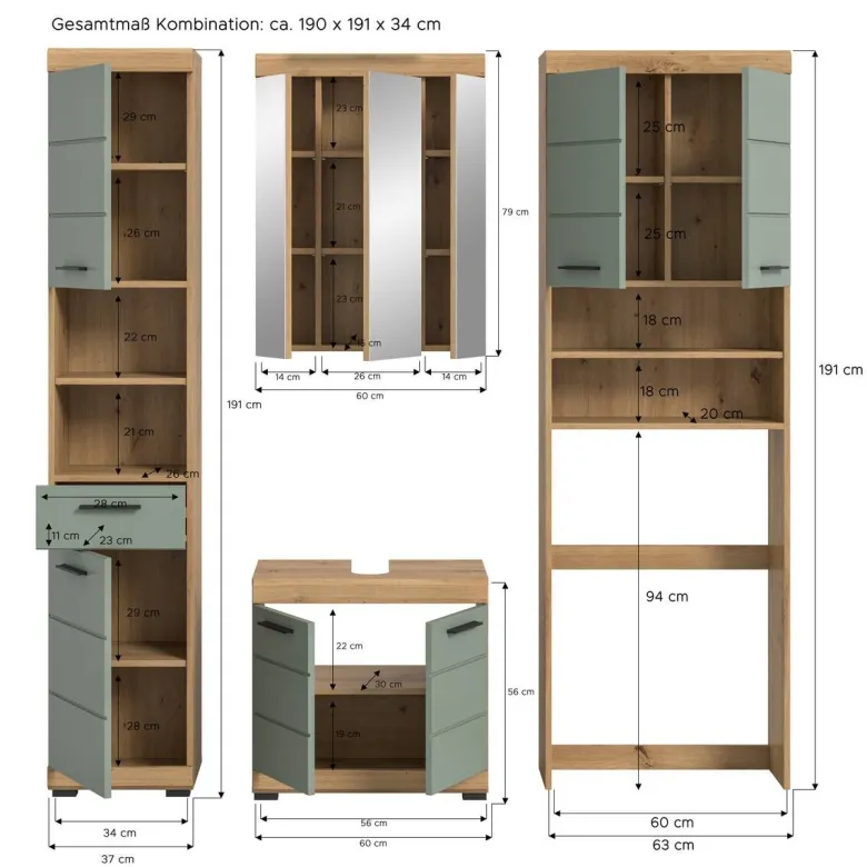 Badezimmer-Set Scout Eiche Artisan Nachbildung salbei Nachbildung B/H/T: ca. 190x191x34 cm