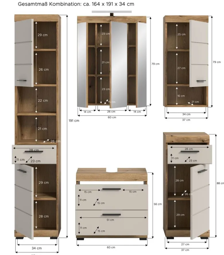 Badezimmer-Set Scout Evoke Oak Nachbildung Kaschmirgrau Nachbildung B/H/T: ca. 164x191x34 cm