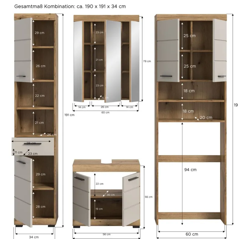 Badezimmer-Set Scout Evoke Oak Nachbildung Kaschmirgrau Nachbildung B/H/T: ca. 190x191x34 cm