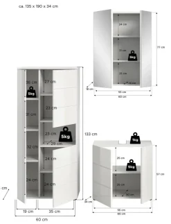 Badezimmer-Set VIRA weiß weiß Hochglanz B/H/T: ca. 135x190x34 cm