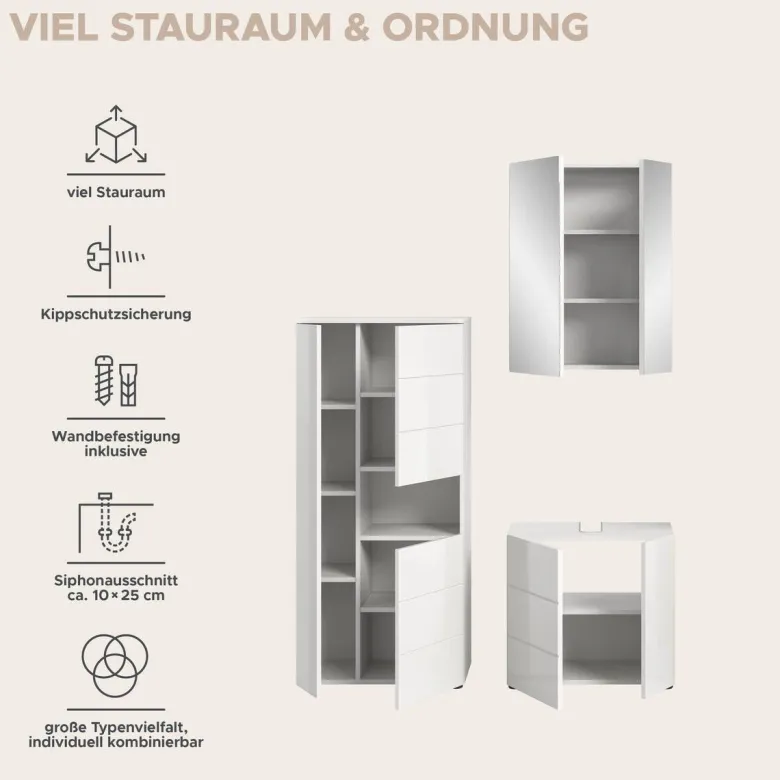 Badezimmer-Set VIRA weiß weiß Hochglanz B/H/T: ca. 135x190x34 cm