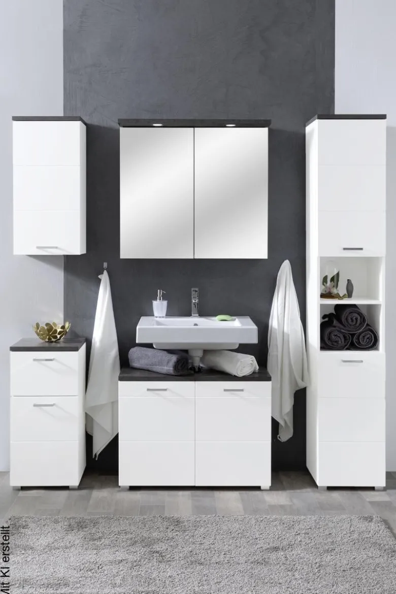 Badhängeschrank Praya Dark Concret weiß Hochglanz B/H/T: ca. 36x71x22 cm