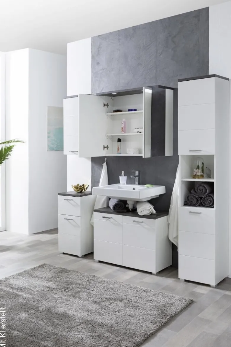 Badhängeschrank Praya Dark Concret weiß Hochglanz B/H/T: ca. 36x71x22 cm