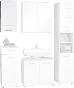 Badhängeschrank Stockholm Beton Optik weiß Hochglanz B/H/T: ca. 35x71x23 cm