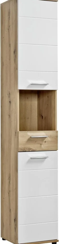 Badhochschrank Bergen Eiche Artisan Nachbildung weiß Hochglanz B/H/T: ca. 35x195x35 cm