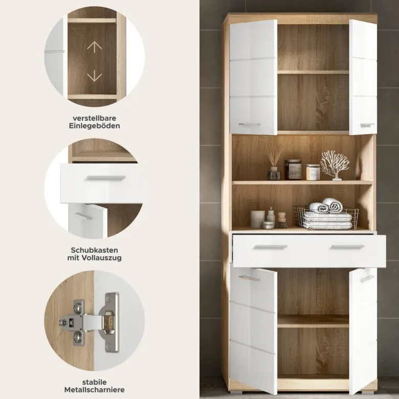 Badhochschrank Lambada Eiche Sonoma Nachbildung weiß Hochglanz B/H/T: ca. 74x191x31 cm