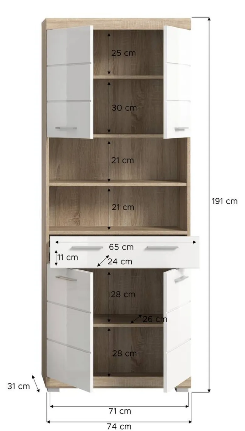 Badhochschrank Lambada Eiche Sonoma Nachbildung weiß Hochglanz B/H/T: ca. 74x191x31 cm