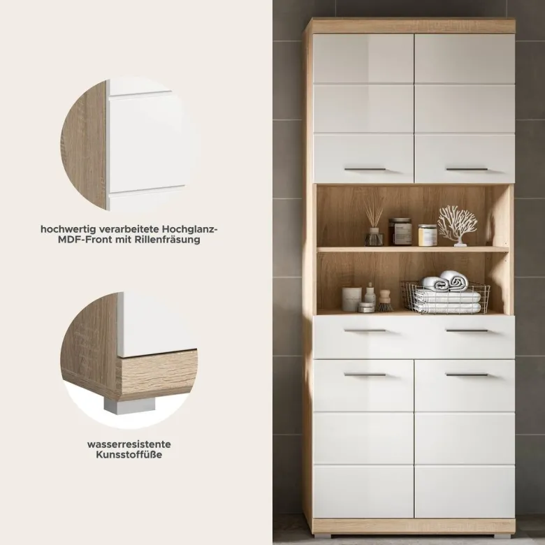 Badhochschrank Lambada Eiche Sonoma Nachbildung weiß Hochglanz B/H/T: ca. 74x191x31 cm
