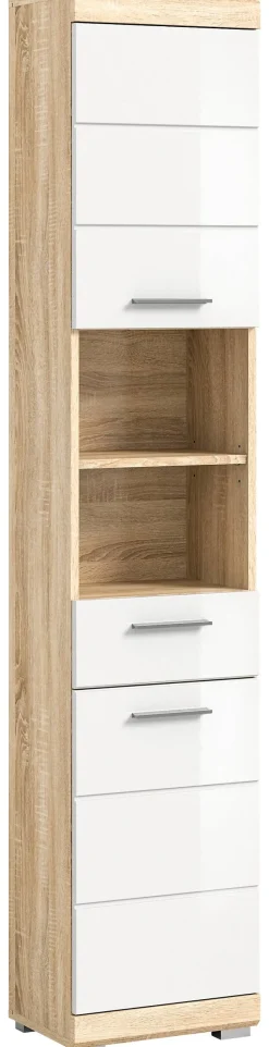 Badhochschrank LAMBADA Eiche Sonoma hell Nachbildung weiß Hochglanz B/H/T: ca. 37x191x31 cm