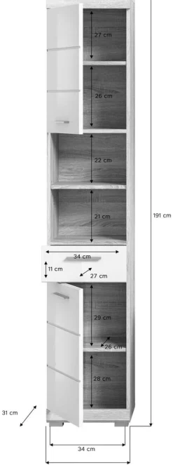 Badhochschrank LAMBADA Eiche Sonoma hell Nachbildung weiß Hochglanz B/H/T: ca. 37x191x31 cm