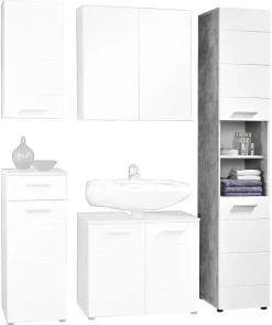 Badhochschrank Stockholm Beton Optik weiß Hochglanz B/H/T: ca. 35x191x35 cm