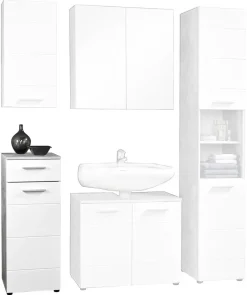 Badkommode Stockholm Beton Optik weiß Hochglanz B/H/T: ca. 35x89x35 cm