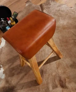 Barhocker braun natur Leder Echtholz B/H/T: ca. 43x75x43 cm