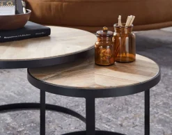 Beistelltisch 2er-Set. natur natur schwarz pulverbeschichtet Akazie MDF Eisen