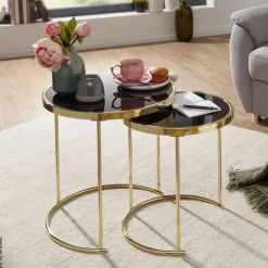 Beistelltisch 2er-Set schwarz gold lackiert Glas Metall