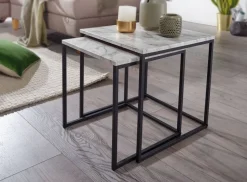 Beistelltisch 2er-Set. weiß Marmor Optik schwarz pulverbeschichtet MDF Stahl