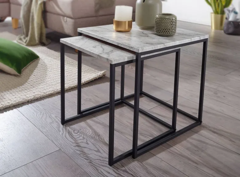 Beistelltisch 2er-Set. weiß Marmor Optik schwarz pulverbeschichtet MDF Stahl