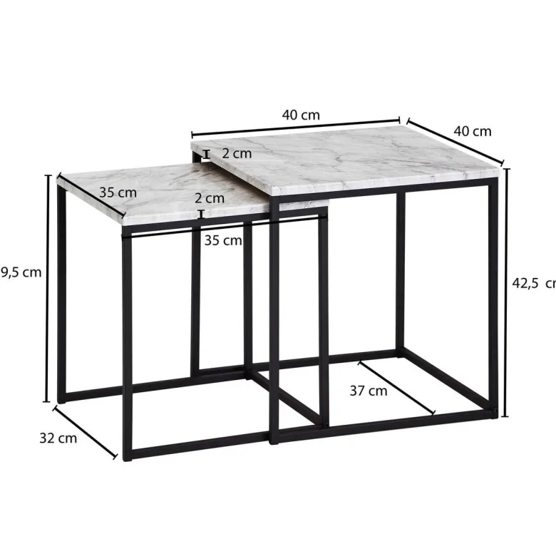Beistelltisch 2er-Set. weiß Marmor Optik schwarz pulverbeschichtet MDF Stahl