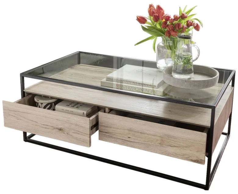 Couchtisch Bozen II glasklar Eiche Sonoma Nachbildung schwarz B/H/T: ca. 110x42x60 cm