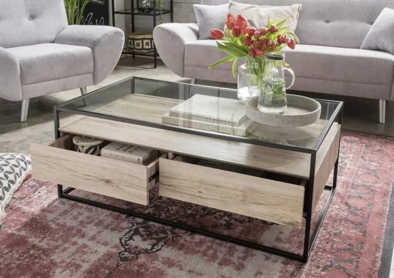Couchtisch Bozen II glasklar Eiche Sonoma Nachbildung schwarz B/H/T: ca. 110x42x60 cm