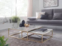 Couchtisch 2er-Set. weiß Marmor Optik gold lackiert