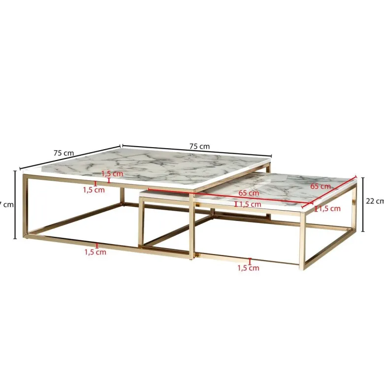Couchtisch 2er-Set. weiß Marmor Optik gold lackiert