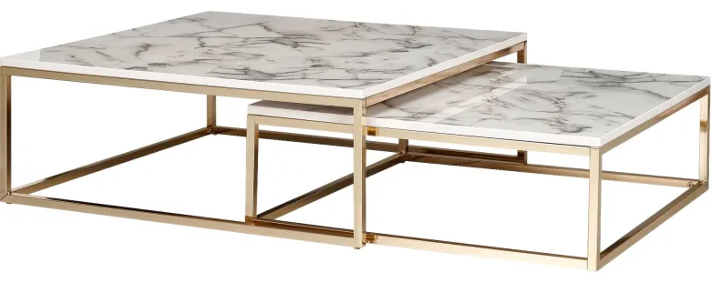 Couchtisch 2er-Set. weiß Marmor Optik gold lackiert