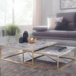 Couchtisch 2er-Set. weiß Marmor Optik gold lackiert
