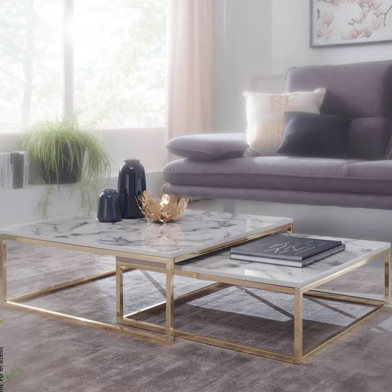 Couchtisch 2er-Set. weiß Marmor Optik gold lackiert