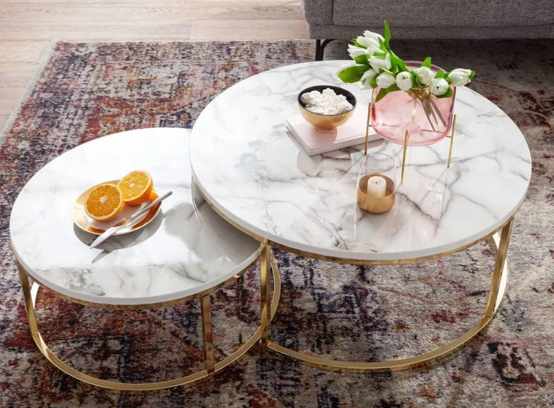 Couchtisch 2er-Set weiß Marmor Optik gold lackiert