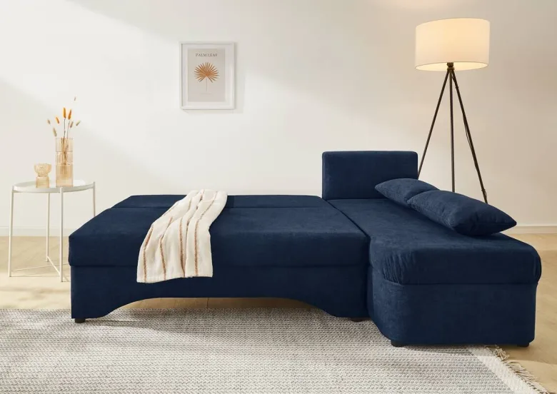 Ecksofa mit Bettfunktion und Bettkasten dunkelblau Microfaser B/H/T: ca. 191x70x142 cm