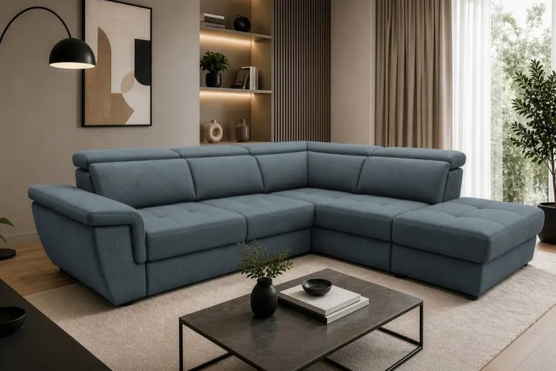 Ecksofa mit Bettfunktion und Bettkasten blaugrau Flachgewebe B/H/T: ca. 267x75x238 cm