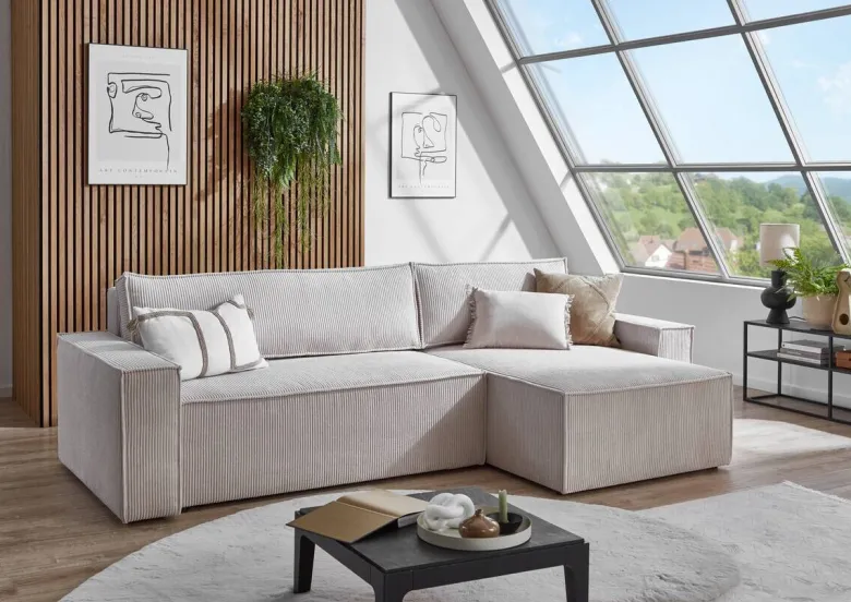 Ecksofa mit Bettfunktion und Bettkasten natur Microfaser B/H/T: ca. 266x150x83 cm