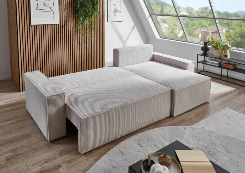Ecksofa mit Bettfunktion und Bettkasten natur Microfaser B/H/T: ca. 266x150x83 cm