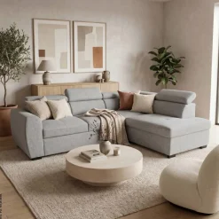 Ecksofa mit Bettfunktion und Bettkasten hellgrau Webstoff B/H/T: ca. 245x184x87 cm