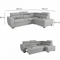 Ecksofa mit Bettfunktion und Bettkasten hellgrau Webstoff B/H/T: ca. 245x184x87 cm