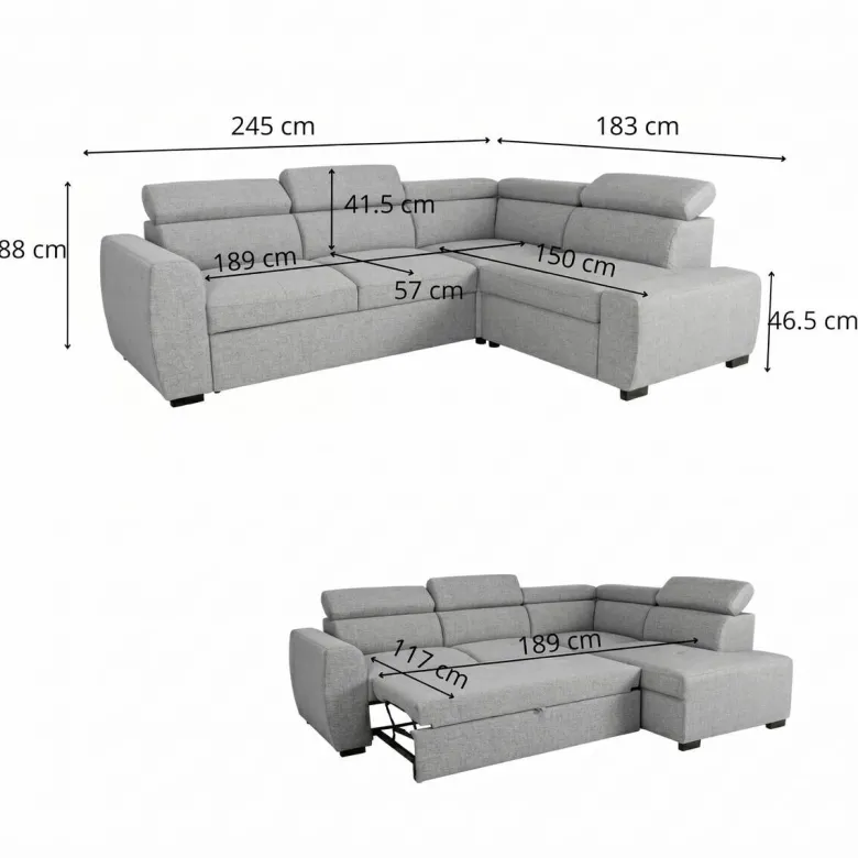 Ecksofa mit Bettfunktion und Bettkasten hellgrau Webstoff B/H/T: ca. 245x184x87 cm