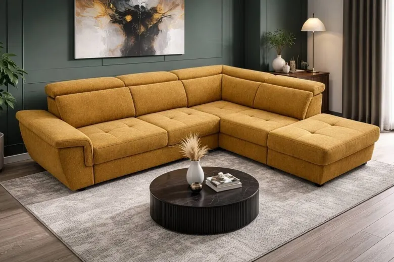 Ecksofa mit Bettfunktion und Bettkasten senf Flachgewebe B/H/T: ca. 267x75x238 cm