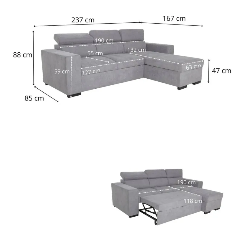 Ecksofa mit Bettfunktion und Bettkasten hellgrau Webstoff B/H/T: ca. 237x88x167 cm