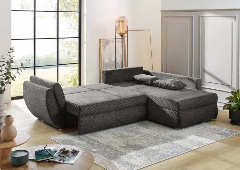 Ecksofa mit Bettfunktion und Bettkasten grau Microfaser B/H/T: ca. 272x88x200 cm