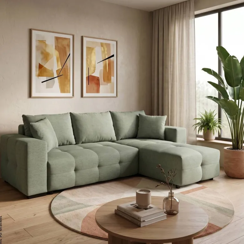 Ecksofa mit Bettfunktion und Bettkasten salbei Webstoff B/H/T: ca. 247x83x162 cm