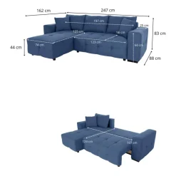 Ecksofa mit Bettfunktion und Bettkasten blau Webstoff B/H/T: ca. 247x83x162 cm
