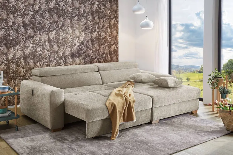 Ecksofa mit elektrischer XXL Sitztiefenverstellung beige Flachgewebe B/H/T: ca. 277x109x187 cm