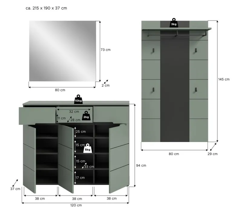 Garderobe Canu grün basaltgrau Nachbildung B/H/T: ca. 215x190x37 cm